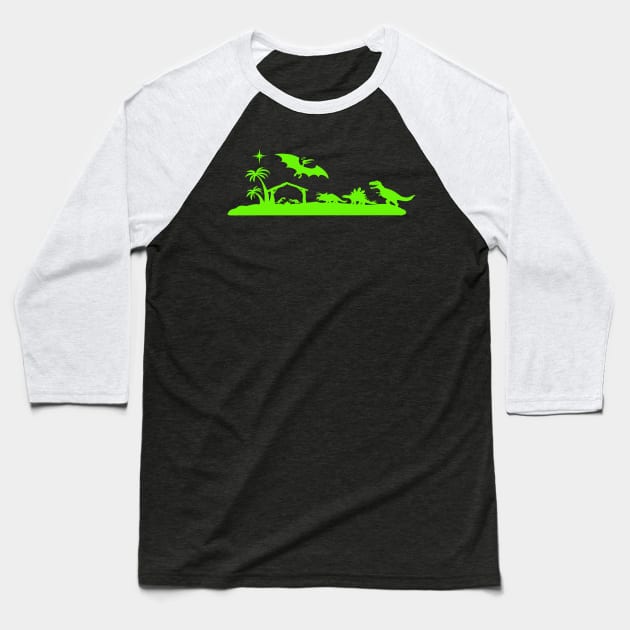 Green Dino Nativity Scene Baseball T-Shirt by wolfmanjaq